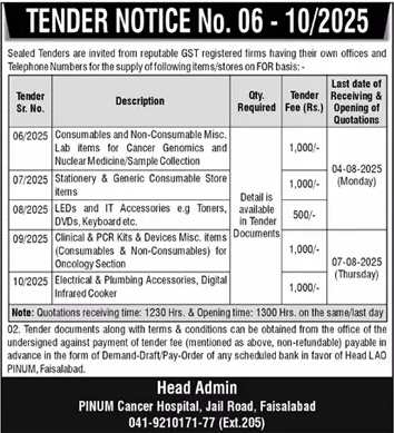 PINUM Cancer Hospital Faisalabad Tender Notice-1